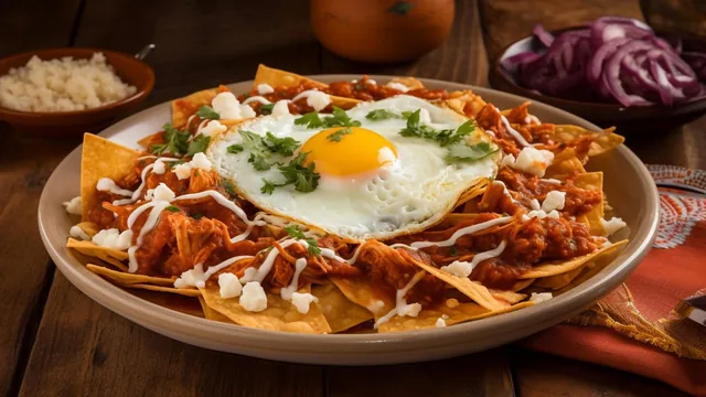 Chilaquiles shown with an egg topping