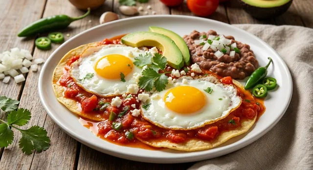 Huevos rancheros with salsa, beans and avocado