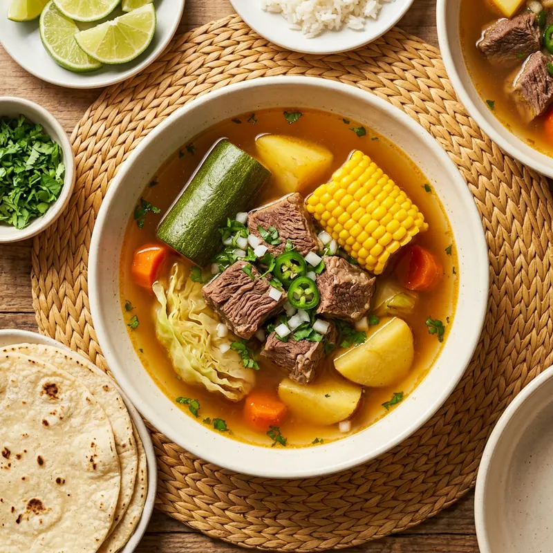 Beef soup with corn, potatoes and vegetables