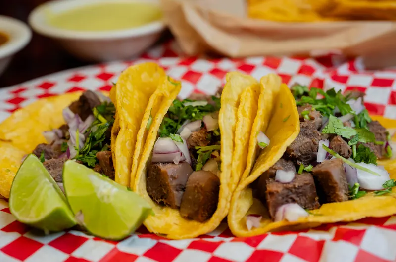 Beef tacos with lime, onion, and cilantro at Lupita's